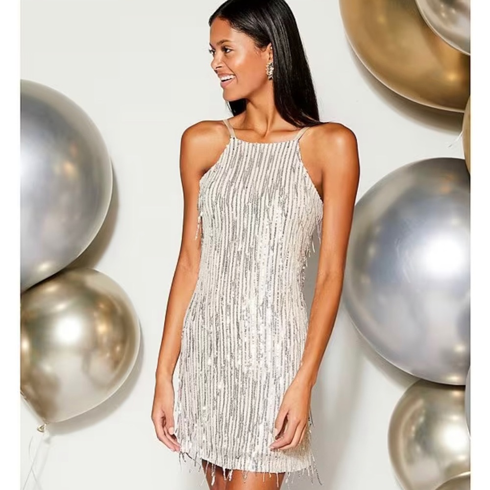 Xtraordinary Dangling Sequin Fringe Trapeze Champagne Dress